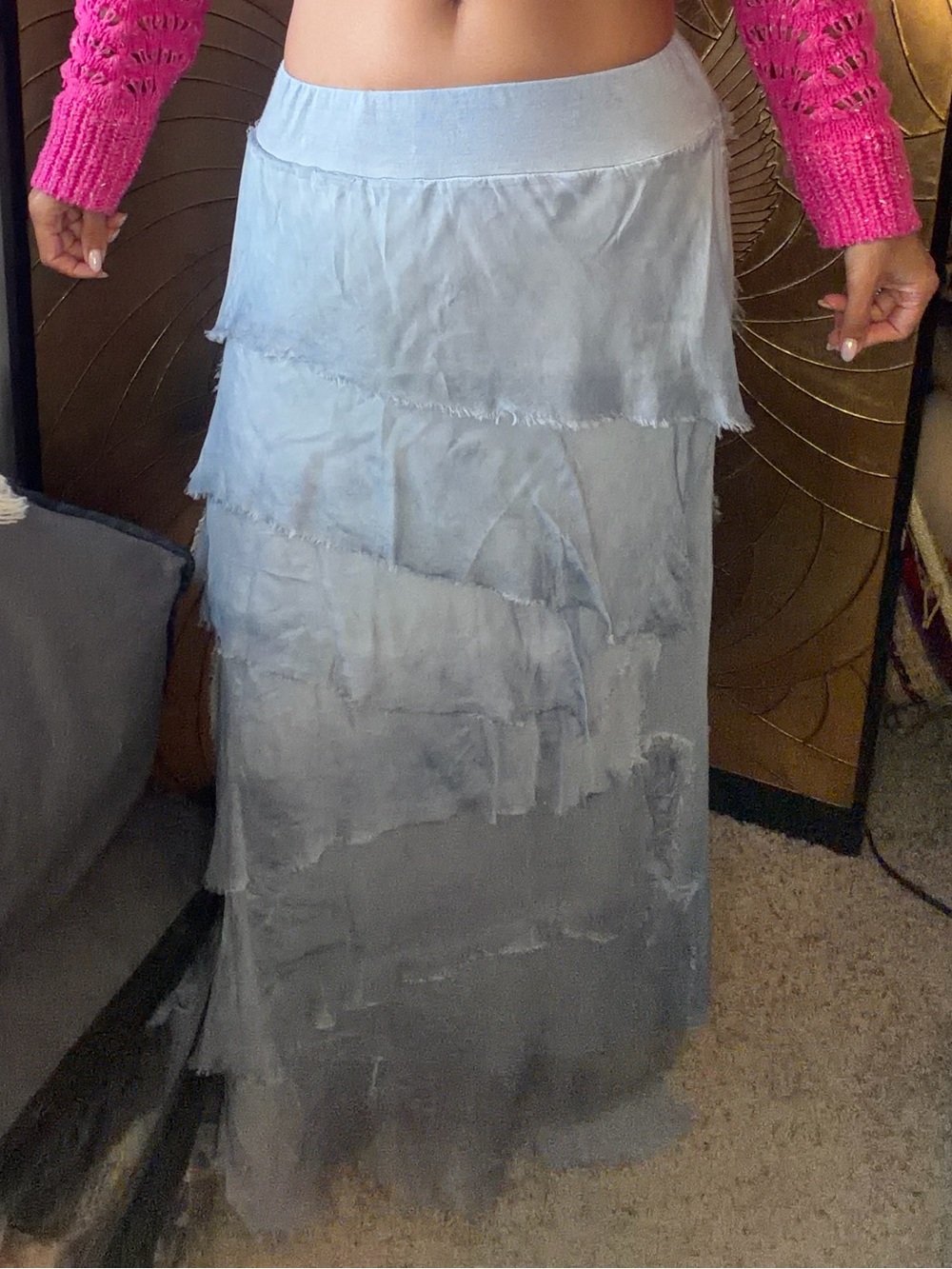 Tempo Paris Layered powder blue textured satin ruffle Maxi Skirt